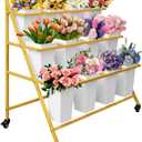 PROLEE Flower Display Stand with 12 Buckets, Flower Cart 3 Layers, Flower Stand Metal with Wheels, Moving Florist Bouquet Shelf, Triangular Rack, Gold