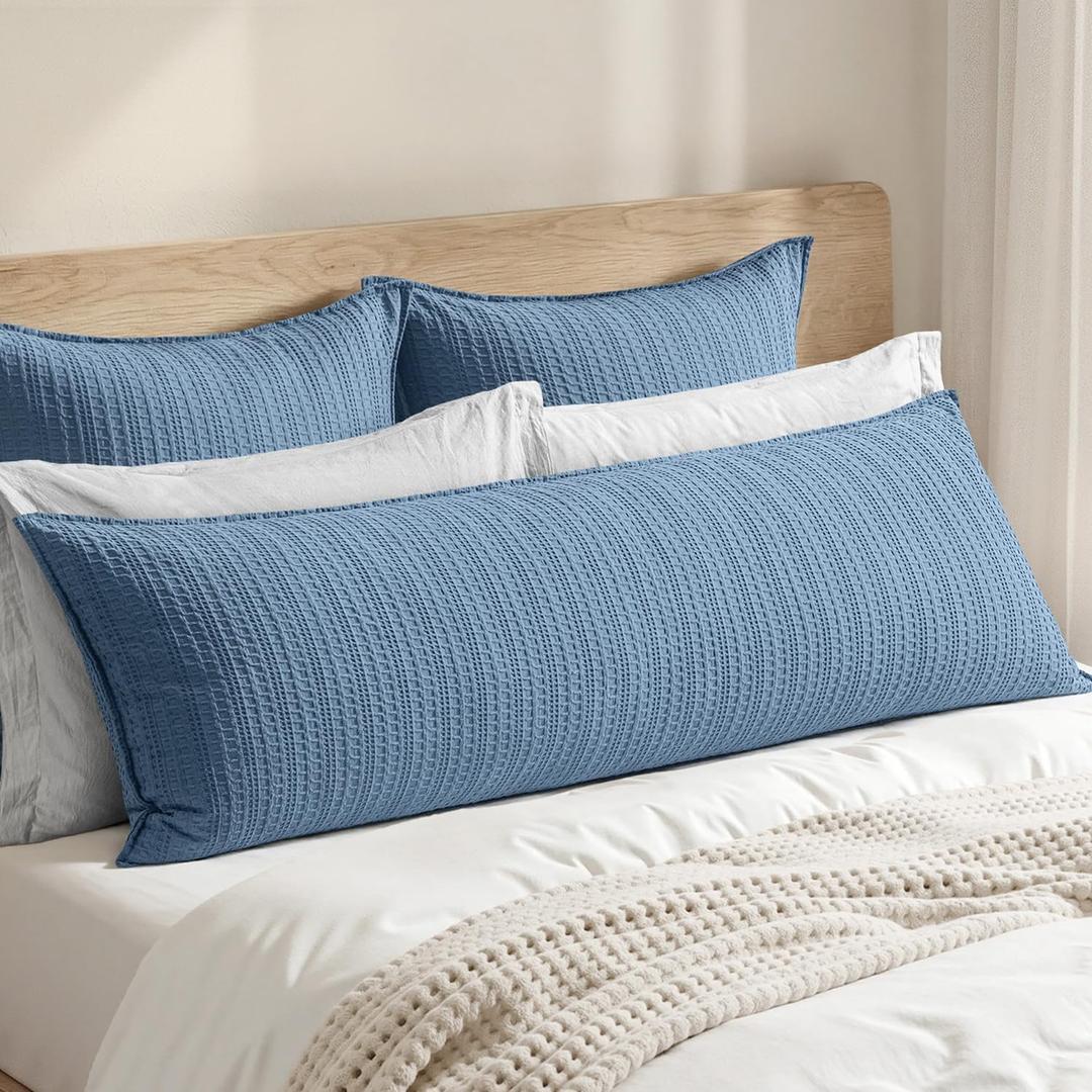 100% Cotton Waffle Weave Body Pillowcase, 1 Pack 20x54 Decorative Body Pillow Cover for Bed Couch Sofa, Neutral Coastal Long Cushion Sham Modern Farmhouse Home Decor, Blue