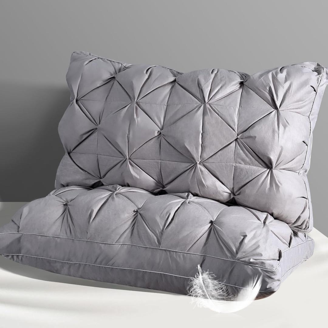 QUTOOL Luxury Hotel Goose Feather Pillow, 100% Cotton, Soft Support Pillow, Suitable for Sleepers on The Back, Sides, and Stomach, Set of 2 Queen Size Bed Pillows (16" x 28"), Gray (Grey)