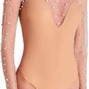 CORIRESHA Women's Chic Pearls Top Long Sleeve Crewneck Sheer Mesh Bodysuit Clubwear (Large)