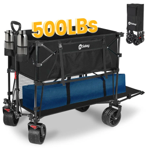 Double Decker Wagon Collapsible 500lb Capacity & 400L with All-Terrain Big Wheels for Sand - 47" Extended Utility, Foldable Sports Beach Wagon Cart for Camping Fishing & Outdoor Use