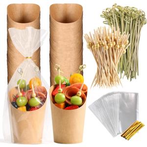 Disposable Charcuterie Cups 60 PCS with 200PCS Sticks and 60PCS Bags, 14 oz Kraft Paper Snack Boxes Appetizers Cup French Fry Holder with Cocktail Skewers Toothpicks Tooth Picks, Brown