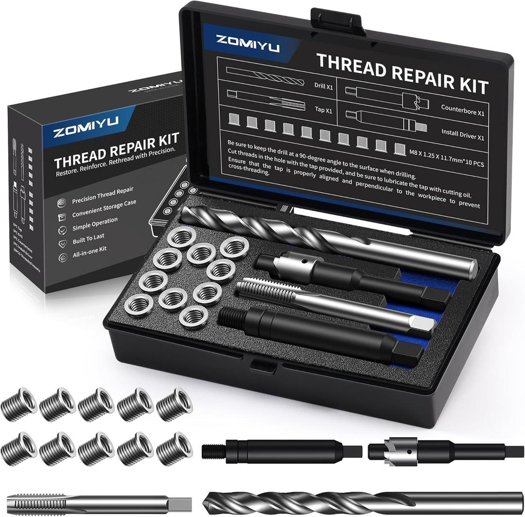 M8x1.25 Metric Thread Repair Kit, with HSS Drill, HSS Tap, Counterbore, Installation Driver, M8x1.25MM 10 pcs 304 Stainless Steel Inserts (11.7mm Length)