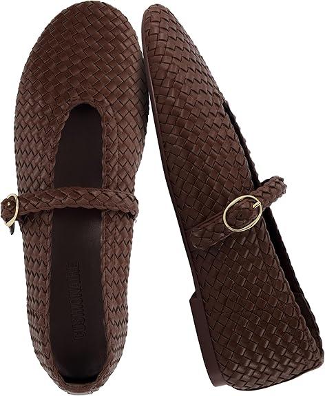 CUSHIONAIRE Bistro Mary Jane Flats for Women, Woven Ballet Flats Shoes with Strap and Memory Foam for All-Day Comfort, 8 1/2, Brown