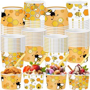 Teenyyou 48 Pcs 9 oz Bee Treat Snack Cups with Spoons Summer Ice Cream Bowls Yellow Treat Snack Dessert Cups Paper Soup Bowls for Hot or Cold Food Party Favor Supplies