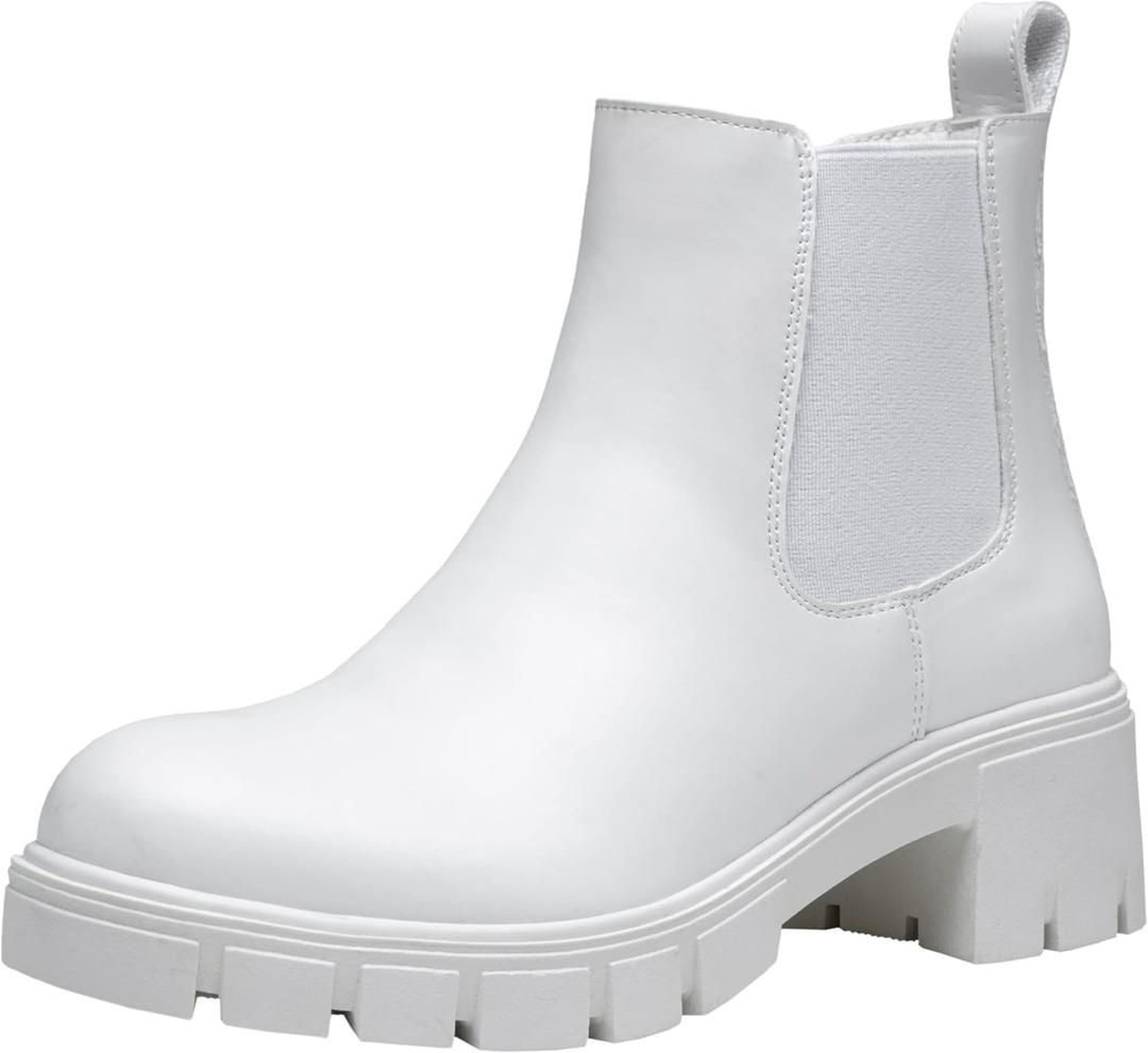 Jeossy Women's 9606 Chelsea Ankle Boots, Platform Chunky Low Heel Slip on Booties, Lug Sole Fashion Short Boots (White) 7
