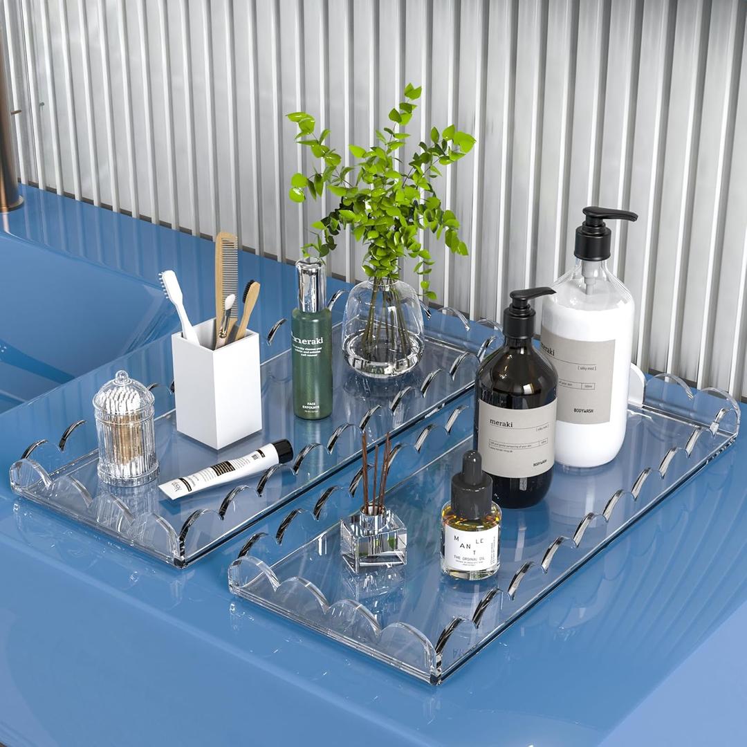 2 Pack Scalloped Acrylic Tray for Bathroom Clear Bathroom Trays for Counter Bathroom Toilet Tank Tray Organizer for Perfume, Soap, Towels, Tissue, Candle Decor Total 2PCS(Large: 11" L x 5" W, 2Pack)