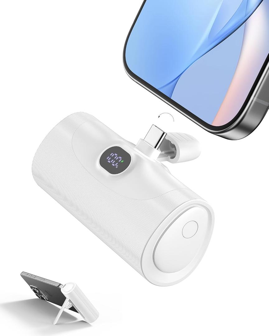 Ultra Mini Power Bank with Stand, Small Portable Charger with USB C Connect Powerbank Fast Charging, Phone Charger Battery Pack 5000mAh Compatible with iPhone 16/15 Series and Android etc, White