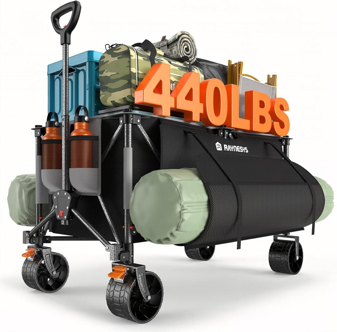 Raynesys 300L Collapsible Wagons Cart with Wheels Foldable, 440lbs Heavy Duty Folding Wagon, Upgraded Effortless Elegance, Foldable Wagon for Sports Beach Grocery Camping, Black & Gray