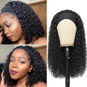 Headband Wig Human Hair For Black Women 14 Inch Wet And Wavy Head Band Wigs Human Hair No Lace Deep Curly Headband Wigs Natural Black Color