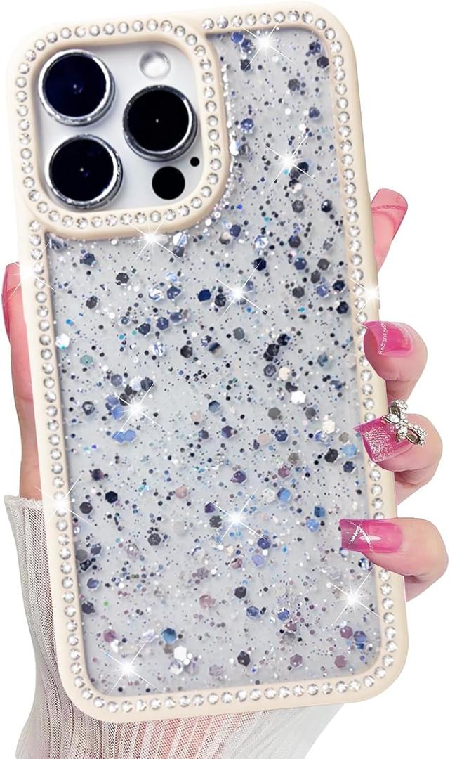 2 x for iPhone 13 Pro Case, Sparkly Crystal Diamonds Rhinestone Border with Shiny Glitter Sequins Phone Cover for Women Girls, Transparent TPU Bling Slim Protective Case for iPhone 13 Pro