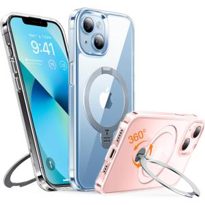 TORRAS Upgraded Ostand 360Spin Magnetic Stand for iPhone 13 Case/iPhone 14 case, [Military Grade Shockproof][Compatible with MagSafe][Build in Kickstand] Translucent Hard Back with Soft Edge, Clear