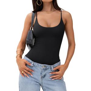PINKMSTYLE Women Sexy Scoop Neck Double Lined Bodysuit Backless Cami Top Adjustable Spaghetti Strap Body suit Tank Tops (Black, S)