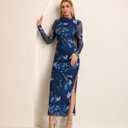 XinFSh Women's Spring Long Sleeve Wedding Guest Maxi Dress Mesh Ruched Bodycon Formal Cocktail Dresses (Blue, M)