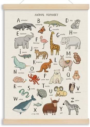 MOTERMATE Abc Alphabet Nursery Wall Art Poster Chart, Safari Nursery Decor, Abc Canvas Poster Hanger Frame for Toddlers Classroom, Alphabet Wall Hanging Banner Decor for Classroom Playroom, 12x16 Inch