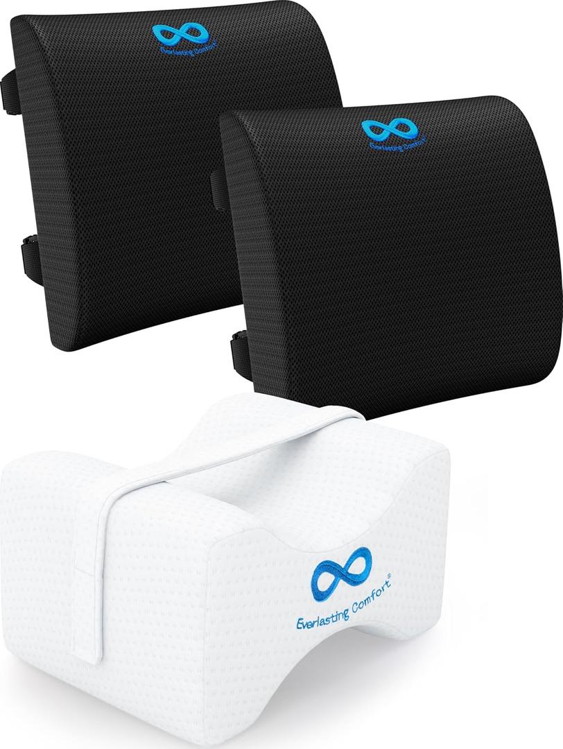 Everlasting Comfort Lumbar Support & Knee Pillow Bundle - Ultimate Comfort - Enhance Sleep and Office Comfort - Relieve Back Pain, Hip Pain, Knee Pain