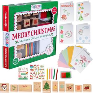 48 Piece Merry Christmas Craft Kit Wooden Stamp Set with Ink Pads Colored Pencils Stickers Cards Envelopes DIY Holiday Card Making Set for Kids Adults Classrooms Festive Family Fun