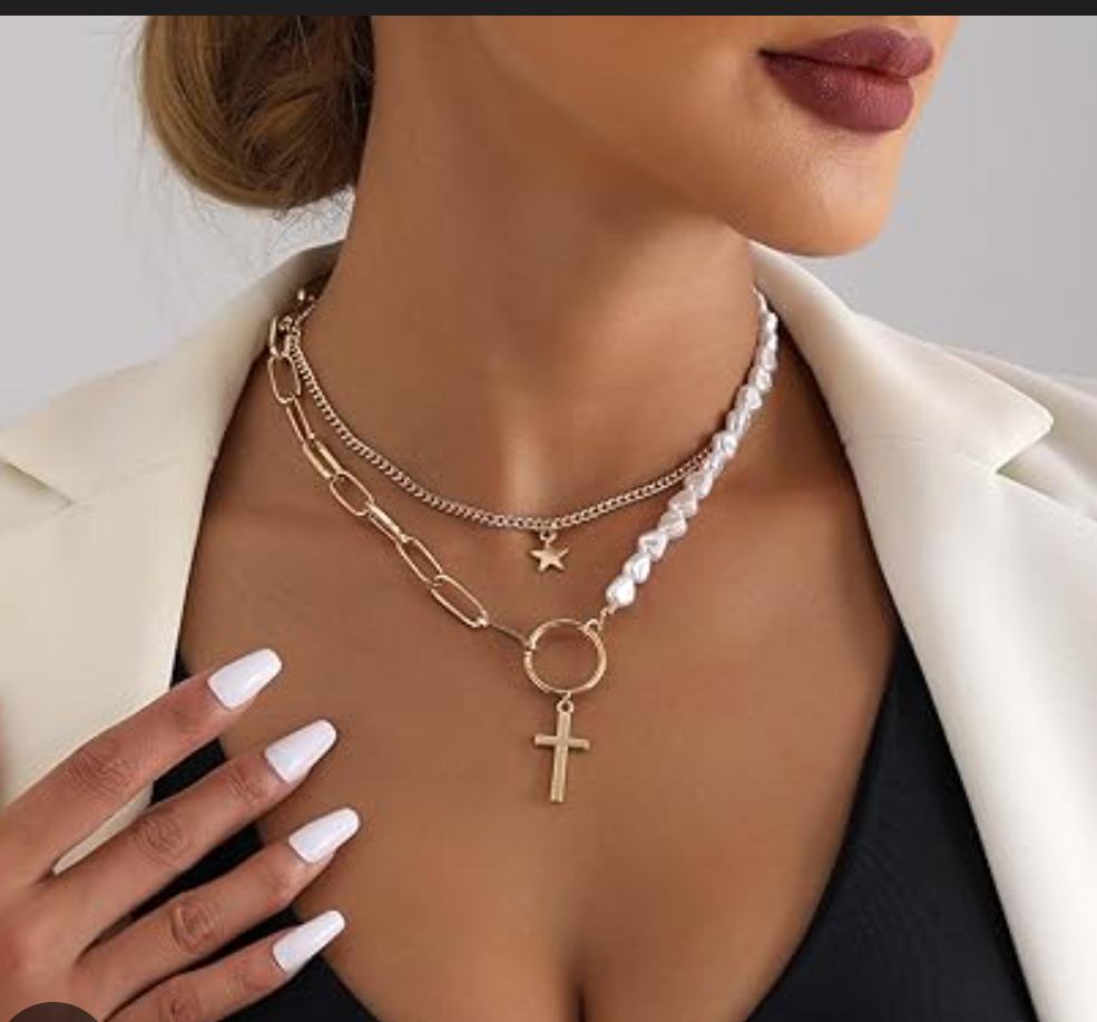 Sttiafay Boho Layered Pearl Cross Necklace Paperclip Cross Pendant Necklace Gold Star Choker Necklace Chain Baroque Pearl Bead Necklace Jewelry for Women