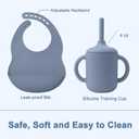 LITTLE RAWR Silicone Baby Feeding Set 14 Pcs,Baby Led Weaning Supplies, Baby Spoons Suction Bowl Divided Plate Bib Cup Finger Brush,First Stage Solid Food Eating Utensils - 6+ Months(Blue Gray)