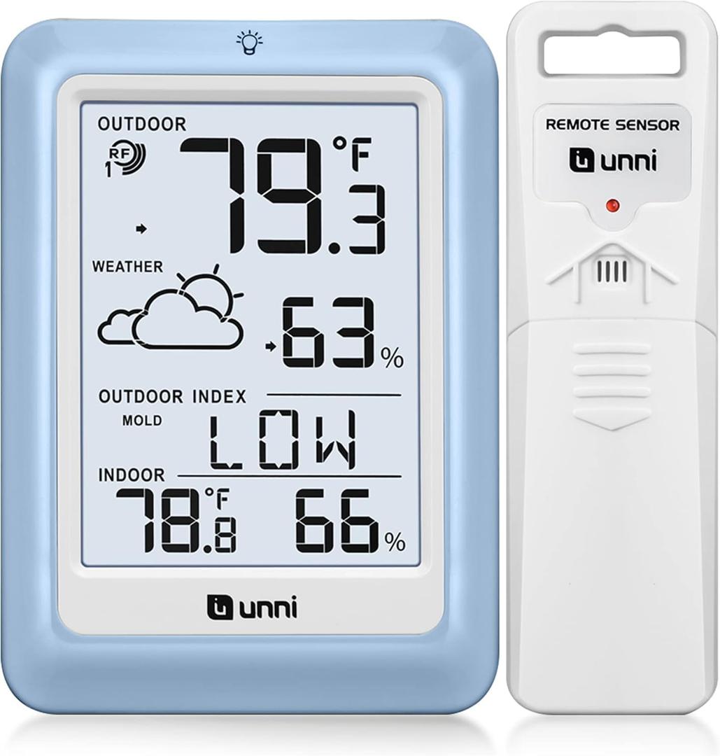 Indoor Outdoor Thermometer Wireless Weather Station, Temperature Humidity Monitor Battery Powered with 330ft Range Remote Sensor and Backlight DisplayLight Blue