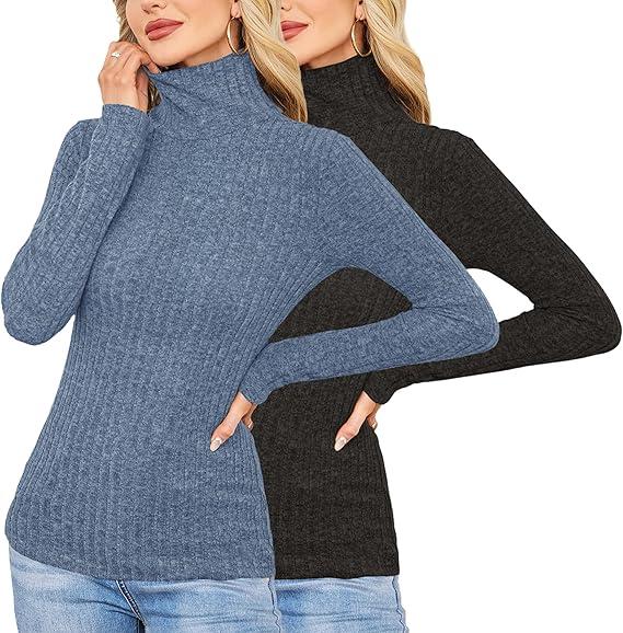 2 Pack Womens Long Sleeve Turtleneck Shirts Basic Fall Thermal Lightweight Pullover Tops Trendy Comfy Undershirts.L