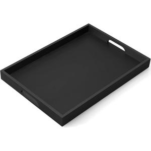 17 Inch Wood Serving Tray with Handles - Large Wooden Tray for Ottoman, Breakfast in Bed, Dinner, Coffee Table - Black Rectangular Tray for Living Room Bedroom Entryway and Kitchen