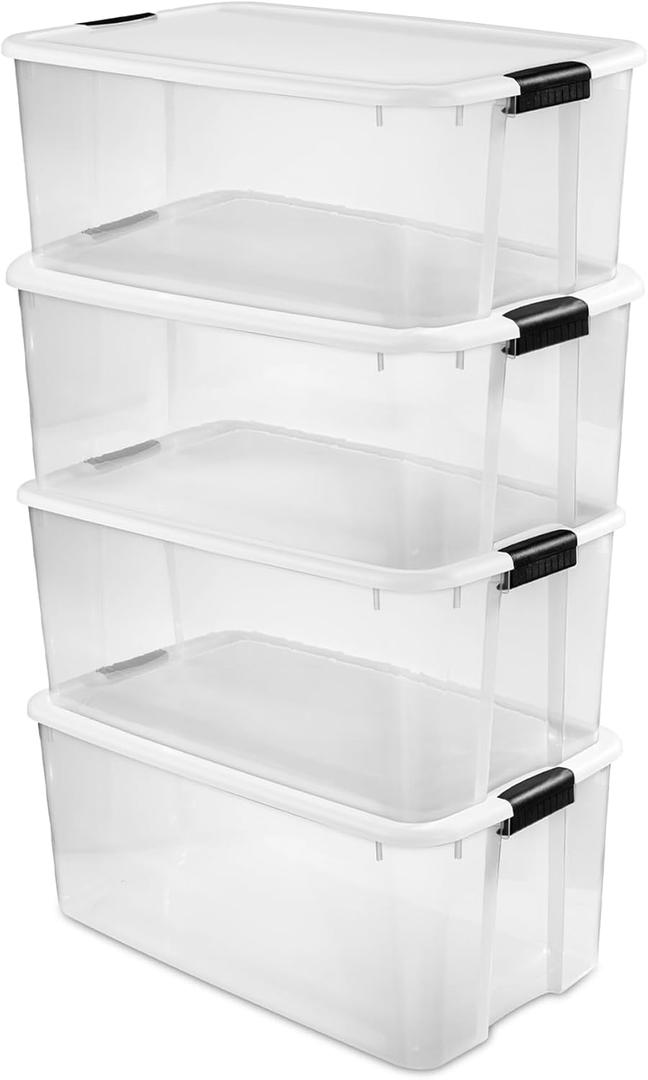 Sterilite 4-Pack Ultra Latching Box, Storage Bins with Lids, Clear Plastic, 116 Quart - Heavy-Duty Organizing Containers for Closet, Bathroom, and Office