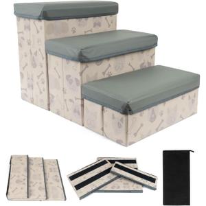 Foldable Dog Ramp for Small to large Pets, Non Slip Oxford Fabric Bottom, Mesh Storage Pocket & Belcro Base, Pet Stairs for High Beds, Cars, Couches & Stairs. PU Leather Cover with Printed Sides Grey.