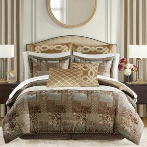 Croscill King Comforter Set, Luxe Chenille Jacquard Patchwork, Microfiber Twill Comforter for a King-Size Bed, Oversized Comforter King Bedding, 2 Shams & Bedskirt, Galleria, King, Brown