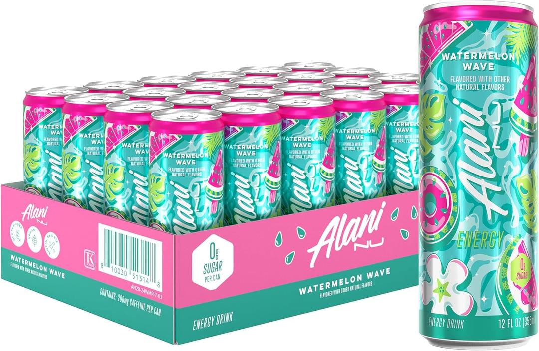 Alani Nu WATERMELON WAVE, Sugar Free, Low Calorie Energy Drinks, 200mg Caffeine, Biotin, B Vitamins, Zero Sugar, 10 Calories, 12 Fl Oz Cans, 24 Pack