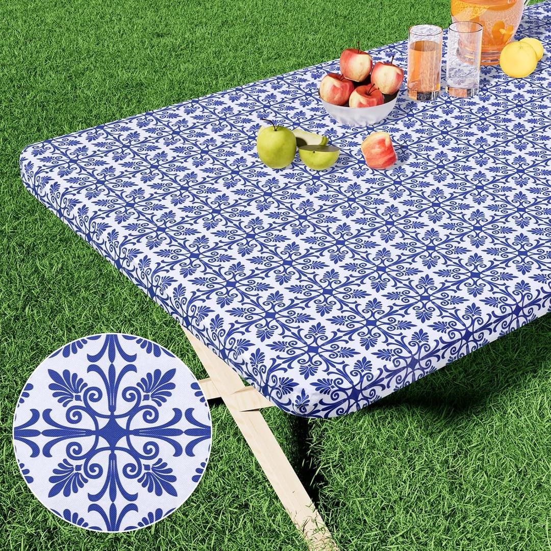 misaya Rectangle Vinyl Table Cloth, Elastic Fitted Flannel Backed Tablecloth, 100% Waterproof Plastic Table Cover Fits Folding Tables for Picnic, Camping, Outdoor (Blue, 36" x 60")
