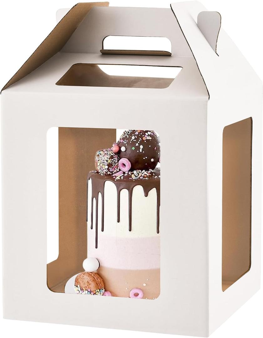 Cake Box with Windows and Handle, 10x10x10 inches, Tall Cake Carrier for Tiered Cakes, White