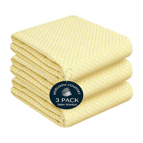 HEIRLOOM COMFORT Lemon Yellow Honeycomb Kitchen Towels 3 Pack, 16x26 Inch, 100% Cotton, Quick Dry, Highly Absorbent & Durable Dish Towels for Daily Use, Drying, Wiping & Cooking Tasks