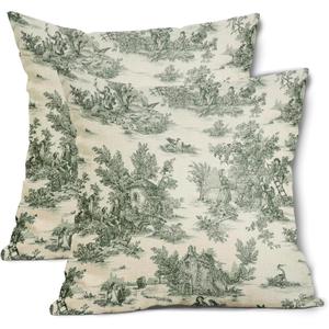 aportt French Country Pillow Covers Set of 2 20x20 Inch Vintage Toile Green Cotton Linen Polyester Decorative Throw Pillow Case Cushion Cover for Bedroom Sofa Living Room Couch Chair Office (20" x 20" (Pack of 2))
