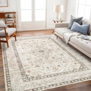Washable Area Rug 6x9 - Bedroom Living Room Large Indoor Rugs Soft Oriental Vintage Rugs Non-Slip Backing Stain Resistant for Farmhouse Kitchen (6x9 Ivory/Multi)