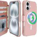 VANAVAGY Compatible for iPhone 16 Wallet Case for Magsafe Wireless Charging, PU Leather Flip Folio Wrist Strap [Screen Protectors & Camera Lens Protectors] with RFID Block Card Holder, Rose Gold