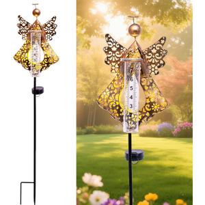 Solar Rain Gauge Outdoor,Decorative Angel Rain Gauges Outdoors Best Rated,Large Plastic Tube Freeze Proof Water Gauge for Yard Patio Lawn Garden Decor Gift for Women Measuring Precipitation