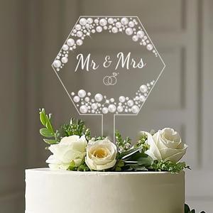Coucoland Mr and Mrs Cake Topper - Hexagon Wedding Cake Decor with Rhinestones and Pearls for Engagement Bridal Anniversary