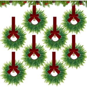 Dingion 8 Pcs 9.8" Small Christmas Cabinets Wreaths Mini Wreaths for Kitchen Window Chair Backs with Ribbon Bell Artificial Greenery for Farmhouse Holiday Decoration (Velvet,Elegant,Dark Red)