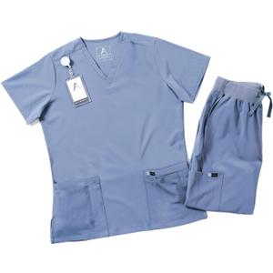 AprilBreeze Lite Medical Scrub Set with 9 Deep Pockets, 4-way Stretch Breathable V Neck Top, Yoga Waistband Jogger Pants (Dove Grey, Medium)