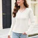 ZAFUL Women's V Neck Cable Knit Sweater 2025 Fall Pullover Long Sleeve Ribbed Loose Top Casual Outfits (Large, White)