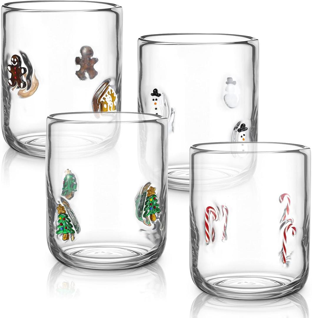 Tessco for you 4 Pcs Christmas Icon Juice Glasses Cup Set - Gingerbread Man, Candy Cane, Snowman & Christmas Tree Stemless Drinking Wine, Water, Coffee Glass Cup for Holiday Party Gift