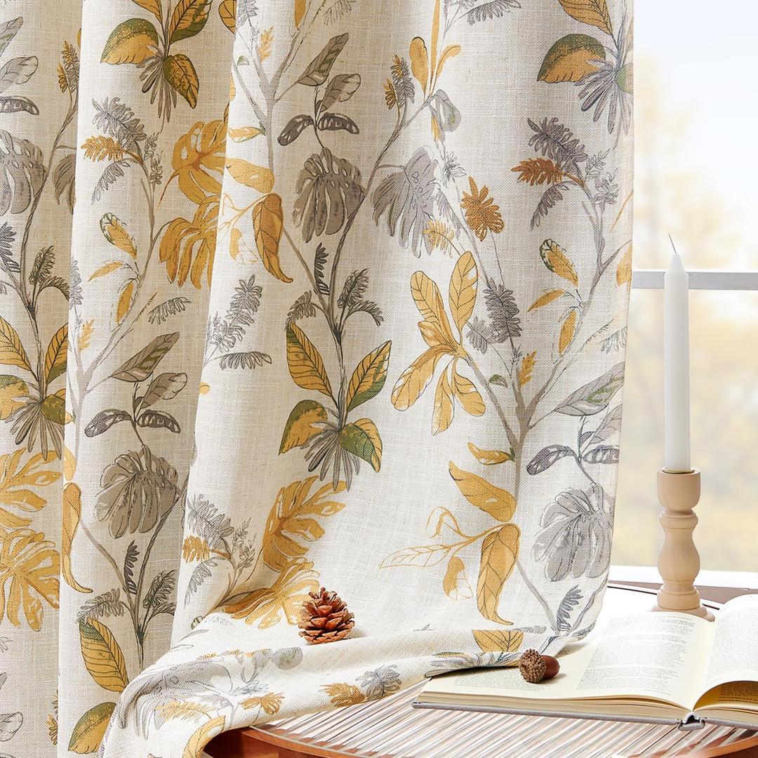 Jinchan 100% Blackout Curtains for Bedroom 84 Inches Length Linen Curtains Tropical Yellow Leaf Print Botanical Window Treatment with Lining for Living Room Farmhouse Country Drapes Set 2 Panels
