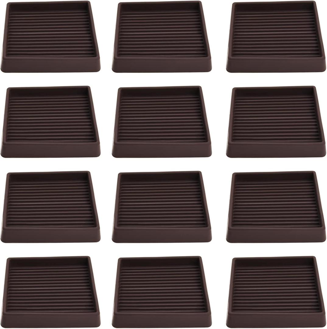 3"x3" Square Rubber Furniture Caster Cups, Anti-Sliding Furniture Pads Bed Stopper Floor Protectors with Grip - Protect Any Flooring (12 Pcs Brown)