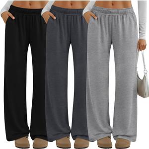 Neer 3 Pack Women's Lounge Pants Wide Leg Yoga Built in Drawstring High Waisted Casual Comfy Baggy Sweatpants with Pockets (L)