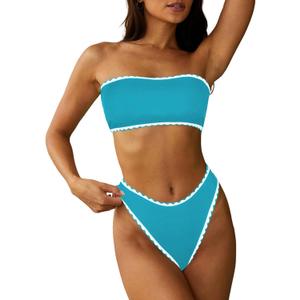 ZAFUL Women Strapless Textured Bandeau Bikini 2 Piece Swimwear Cheeky Solid Lace up Bathing Suits (Large, 4-Blue-Teeth)