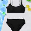 Girls Swimsuit V Neck Bikini Set Color Block with Cover Up 3Pcs Bathing Suits (Black)