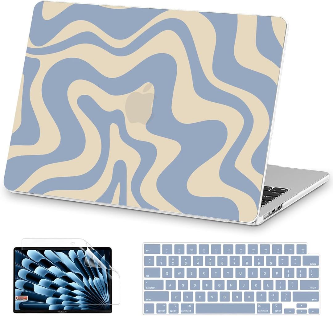 AKIT Compatible with MacBook Air 15 Inch Case 2026 2025-2023 M5 M4 M3 M2 A3448 A3241 A3114 A2941, Unique Pattern Hard Shell Laptop Case+Keyboard Cover+Screen Protector for Mac Air 15 Inch, Blue Wave