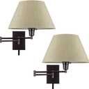 Kira Home Cambridge 15" Swing Arm Wall Lamp - Plug in/Wall Mount + Latte Mocha Fabric Shade, 150W 3-Way + Cord Covers, Black Finish, 2-Pack