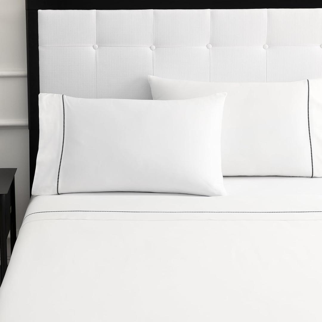 kate spade new york Dot King Sheet Set, 300 Thread Count and 100% Cotton, All Season 4 Piece Bedding Set, Machine Washable, White and Black